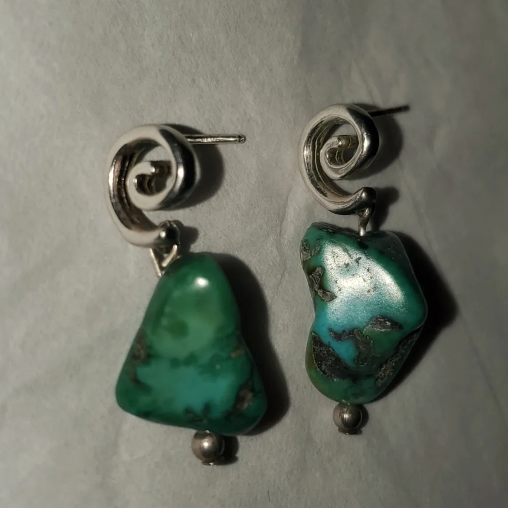 925 Sterling Silver Turquoise Nugget Dangle Earrings Southwest Boho Scroll (EUC)
